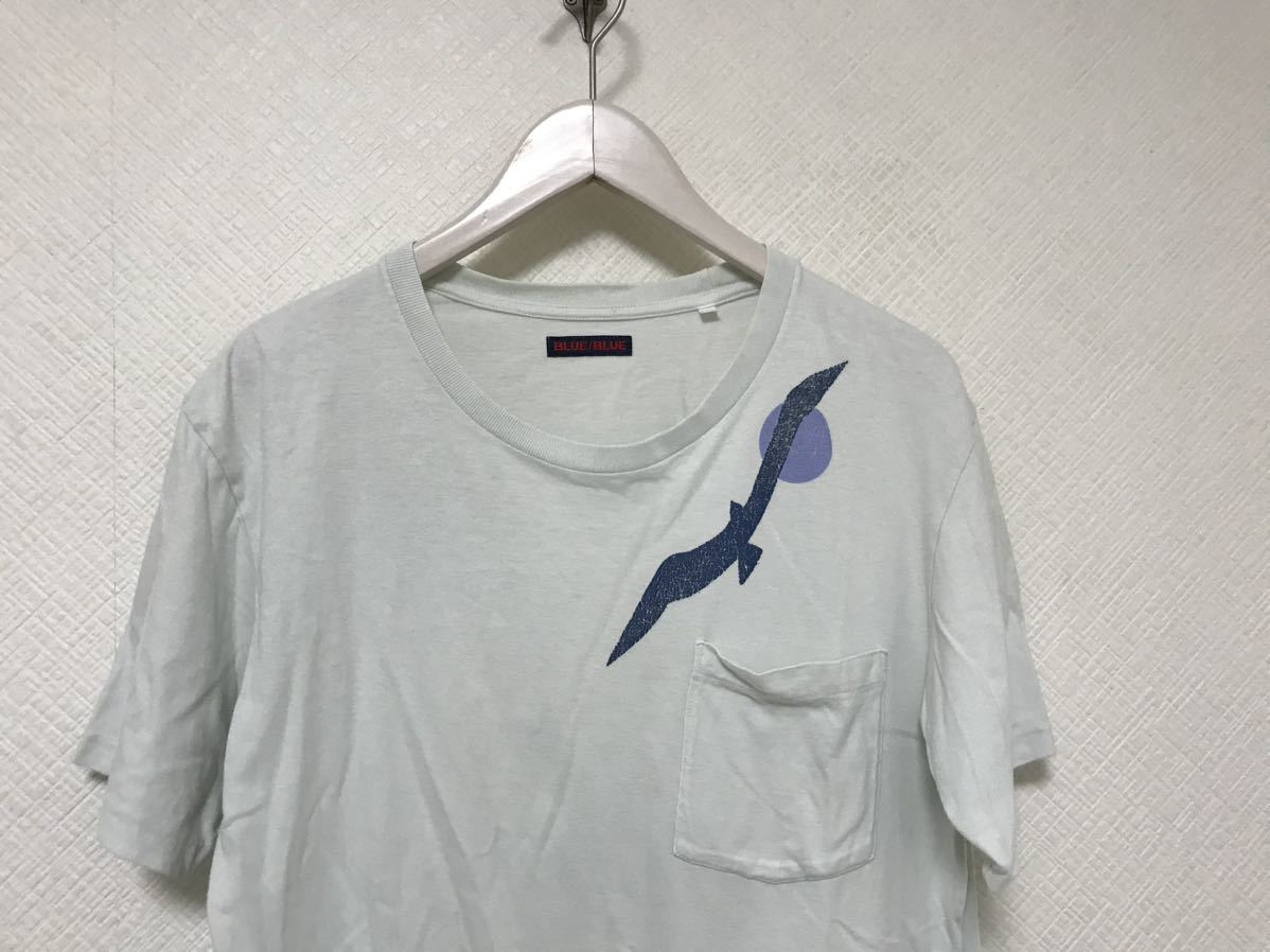 本物ブルーブルーBLUEBLUEコットンバード鳥プリント半袖TシャツメンズアメカジサーフミリタリービジネススーツLグレー3日本製_画像2