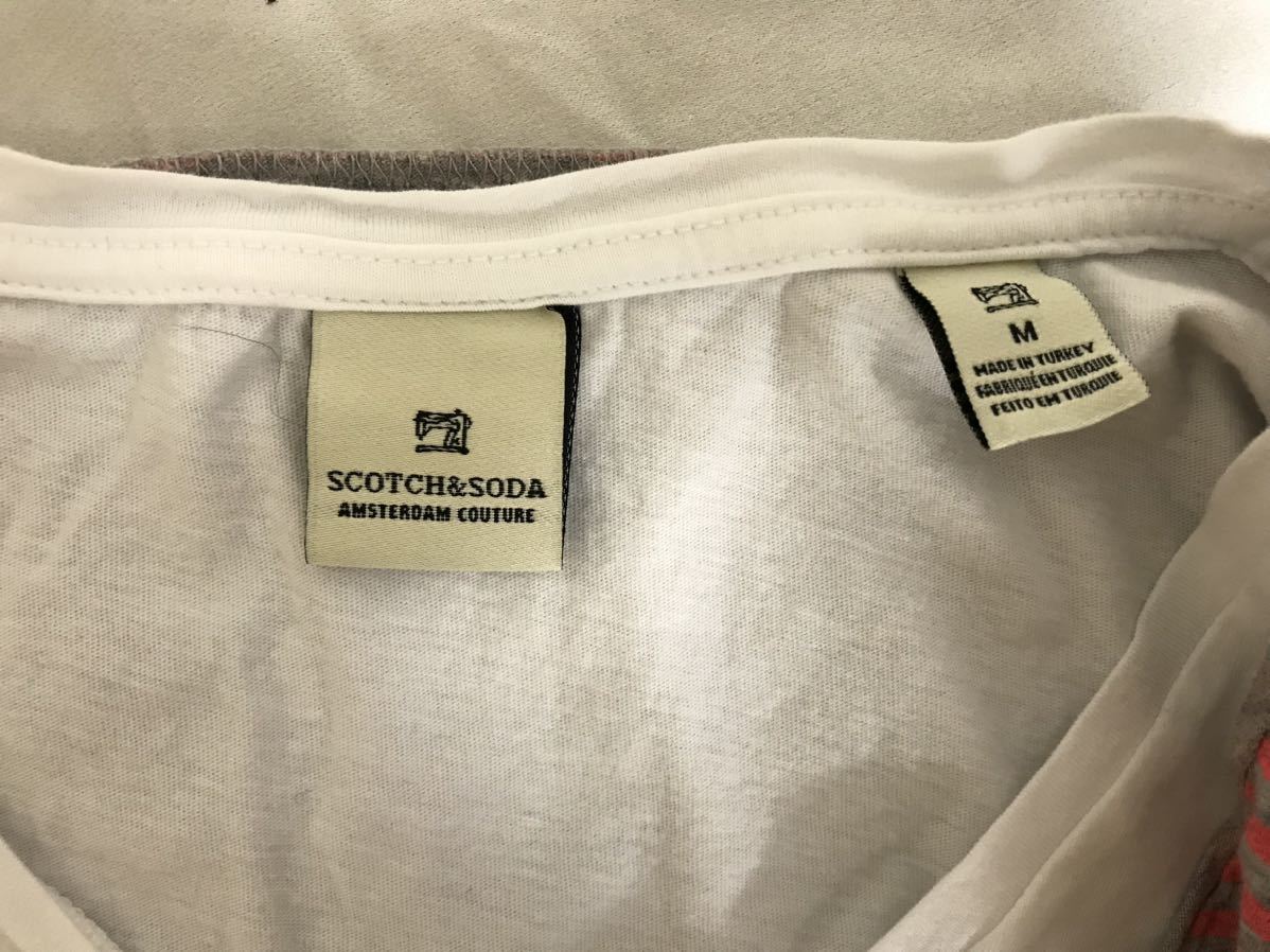 本物スコッチアンドソーダSCOTCH&SODAコットンVネックボーダー柄重ね着半袖TシャツメンズアメカジサーフミリタリービジネスMトルコ製ピンク