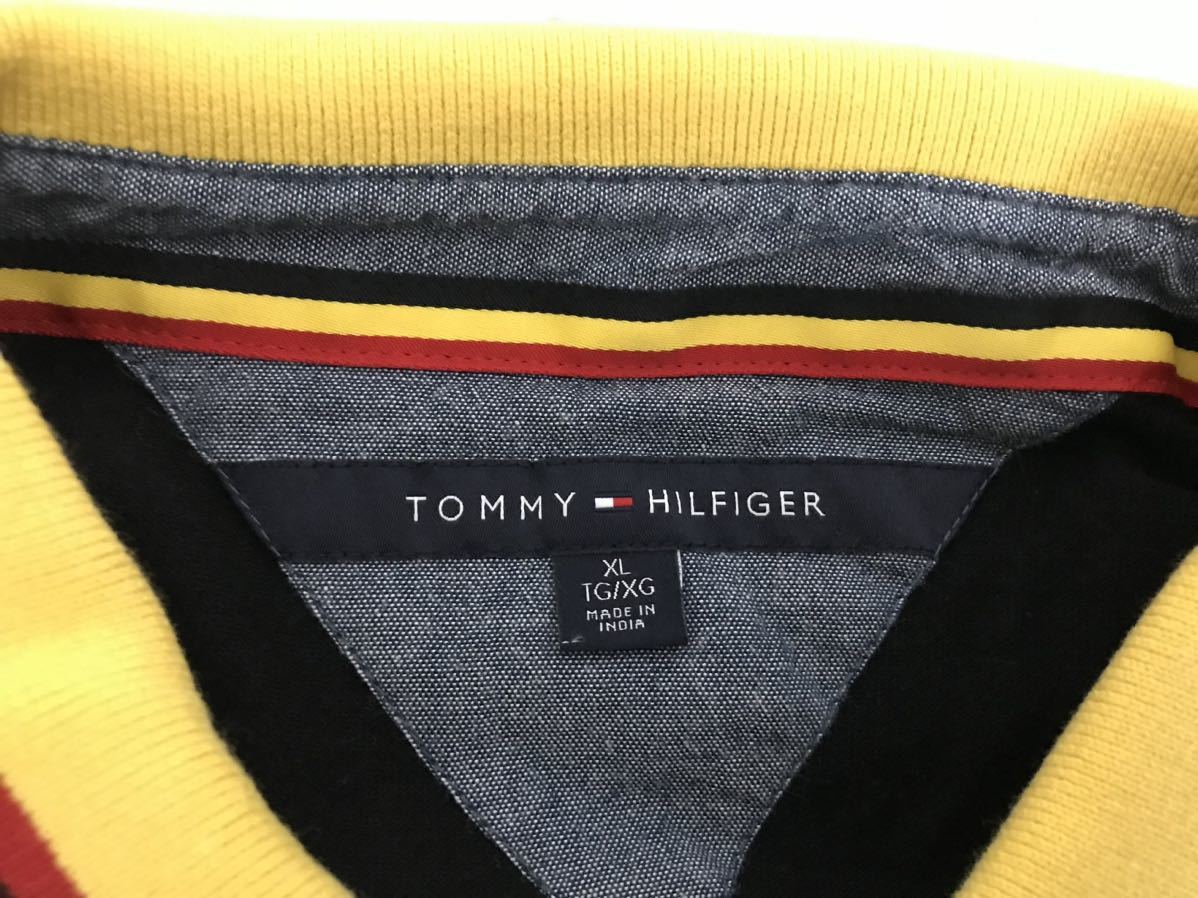 本物トミーヒルフィガーTOMMY HILFIGERコットン半袖ポロシャツメンズアメカジサーフミリタリービジネススーツXLインド製黒イエロー