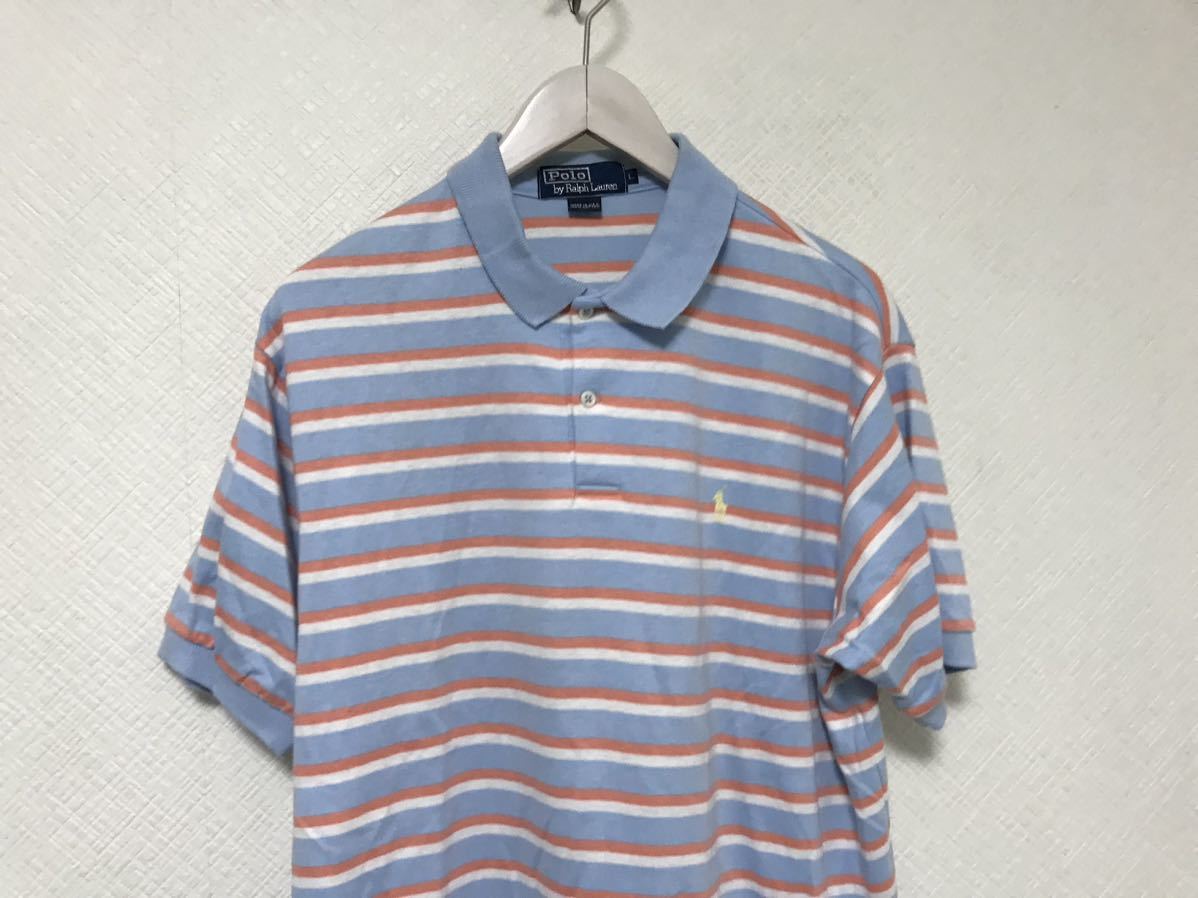 本物ポロラルフローレンPOLO RalphLaurenコットンボーダー柄半袖ポロシャツメンズアメカジサーフビジネススーツゴルフ青ブルー柄アメリカ製_画像2