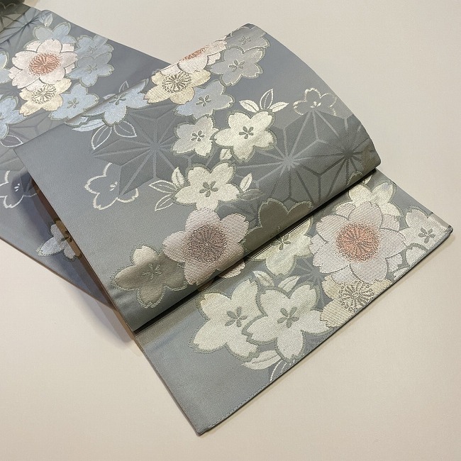 豪華 ☆名古屋帯 桜 花 水色 麻の葉模様 ☆ r758 仕立て上がり - www