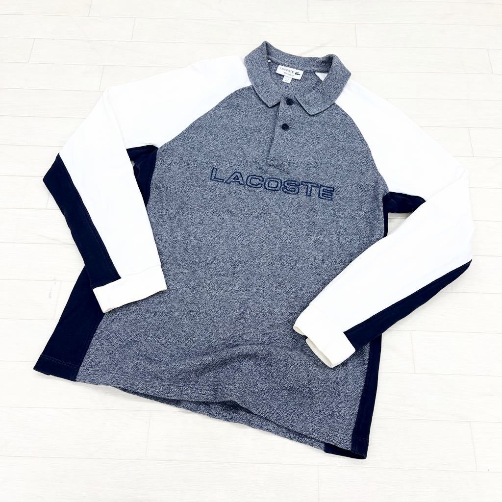 1094◎ LACOSTE ラコステ トップス シャツ ハーフボタン 長袖 コットン 100 ロゴ プリント ホワイト ネイビー メンズUS(M)_画像1