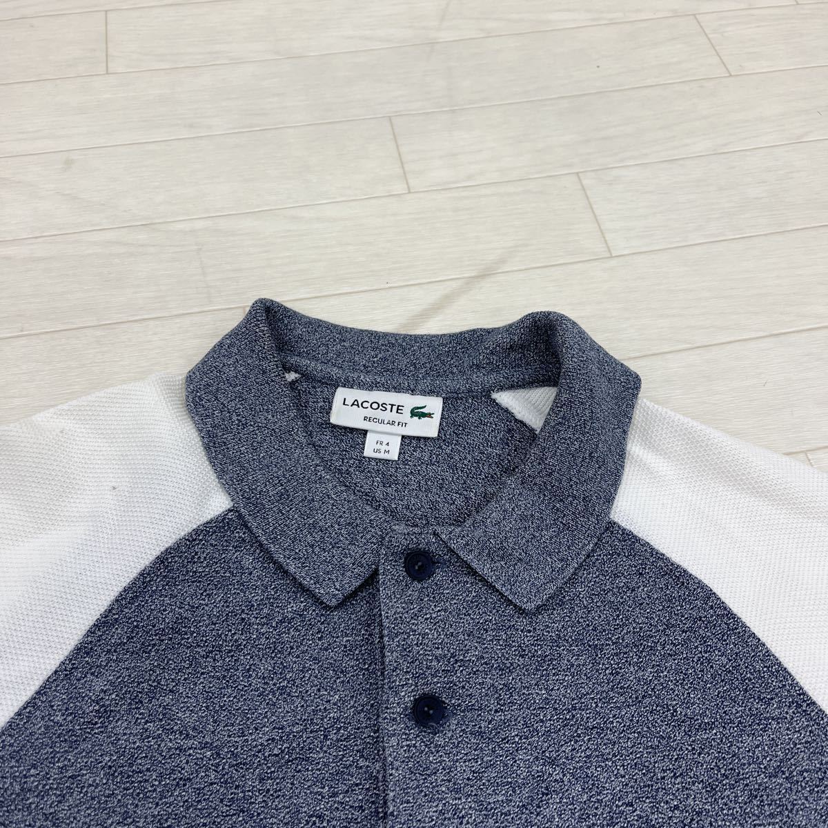 1094◎ LACOSTE ラコステ トップス シャツ ハーフボタン 長袖 コットン 100 ロゴ プリント ホワイト ネイビー メンズUS(M)_画像4