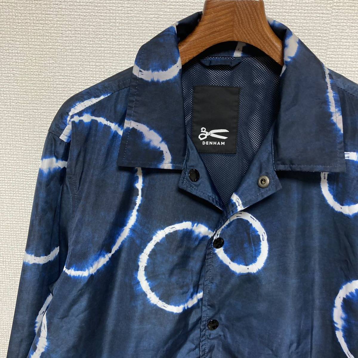 良品■DENHAM デンハム■COACH JACKET コーチジャケット バブル XS ネイビーブルー グラデーション タイダイ シボリ バブルリング ドット