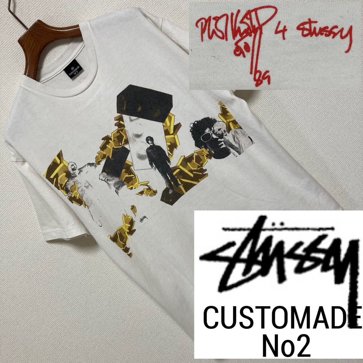 USA製■stussy CUSTOMADE フィルノット■コラボ Tシャツ M 白 ゴールド 00s オールドステューシー カスタムメイド PHIL KNOTT Speakers_画像1