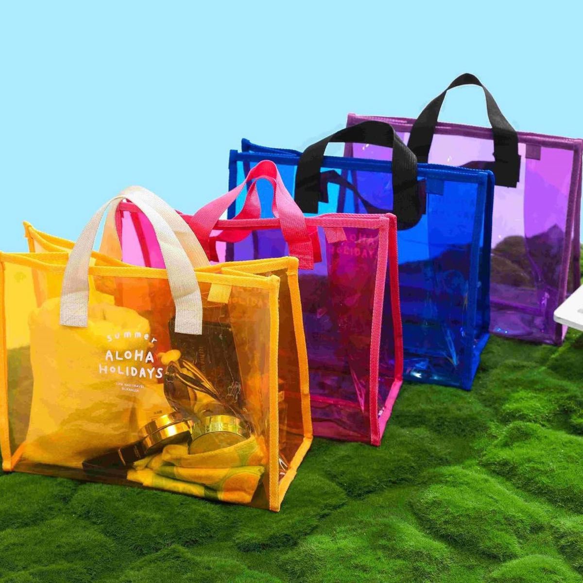 ビニールバッグ 透明 色付き 大容量 パープル プールバッグ トートバッグ 可愛い プール 海 夏 クリア カラフル オシャレ