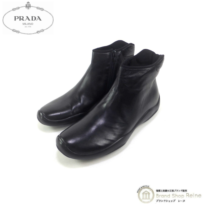 プラダ （PRADA） プラダスポーツ ショート ブーツ サイドジップ レザー ドライビング シューズ 靴 #37 1/2 ブラック（美品）中古