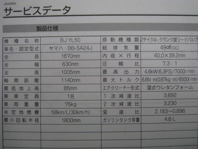 ベーシックジョグ 取扱説明書 ヤマハ 正規 中古 バイク 整備書 YL50 BJYL50 BB-SA24J 5XN op 車検 整備情報_5XN-F8199-J1