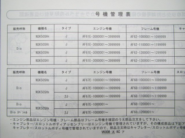 ディオ スペシャル パーツリスト 6版 ホンダ 正規 中古 バイク 整備書 AF62 AF68 GFH NSK50SH AF62-1000001～1099999_11GFH4J6