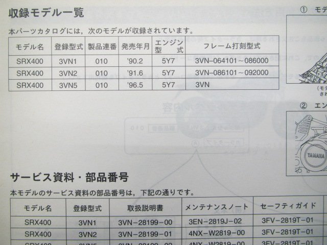 SRX400 パーツリスト 1版 ヤマハ 正規 中古 バイク 3VN1 2 5 3VN-064101～086000 3VN-086101～092000 3VN 車検 パーツカタログ_3VN-28198-16-J1