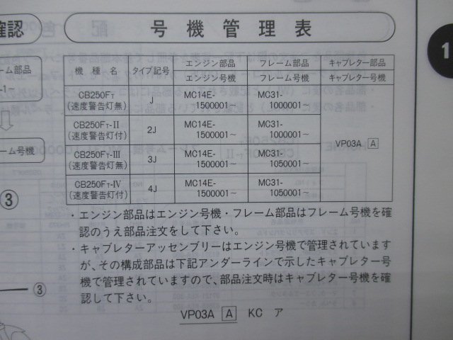 ホーネット250 パーツリスト 2版 ホンダ 正規 中古 バイク 整備書 MC31 MC14E CB250FT・FT-II MC31-100 CB250FT-III・IV MC31-105_11KEATJ2