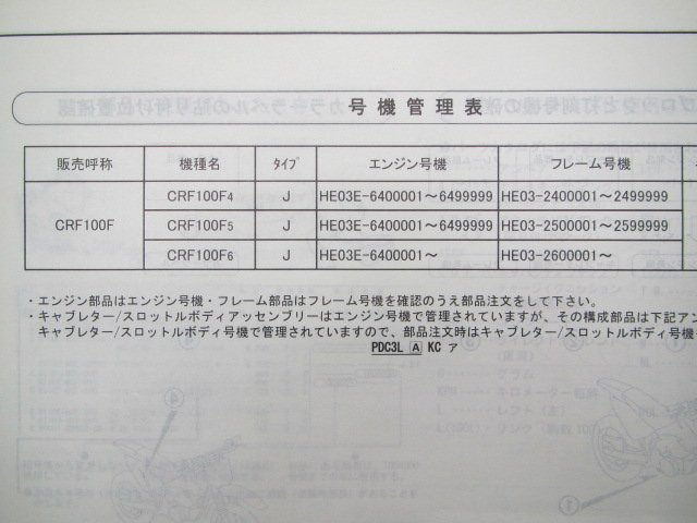 CRF100F パーツリスト 3版 ホンダ 正規 中古 バイク 整備書 HE03-240～260 KSJ SU 車検 パーツカタログ 整備書_11KSJ4J3