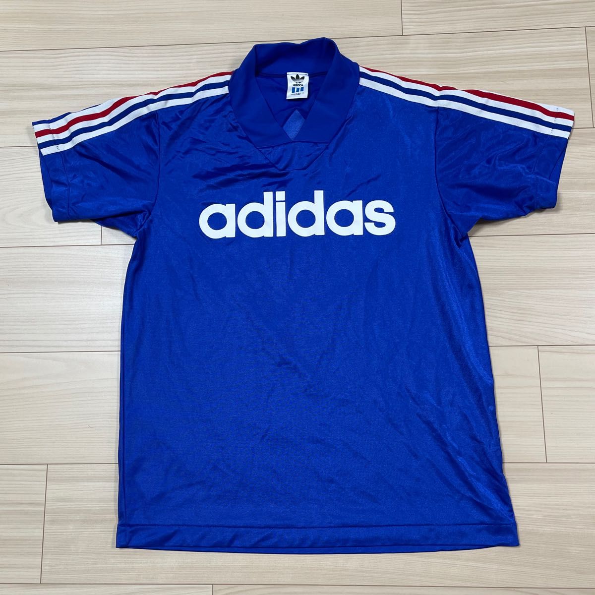 adidas アディダス 90s デサント製 ビッグロゴ Tシャツ ゲームシャツ 半袖Tシャツ サイズ：M〜 L トリコロール