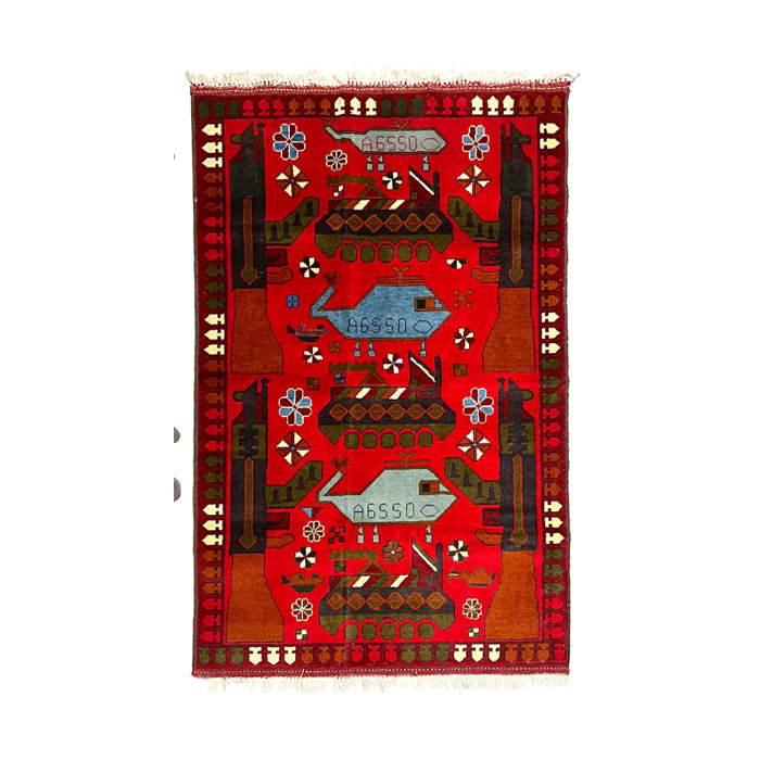 【送料無料】激レア 90s-00s ハンドメイド War Rug ⑦ A6550 ヘリや戦車 RED vintage 絨毯