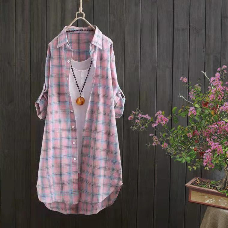  thin shirt One-piece long shirt check pattern tunic easy long sleeve lady's pink L size 