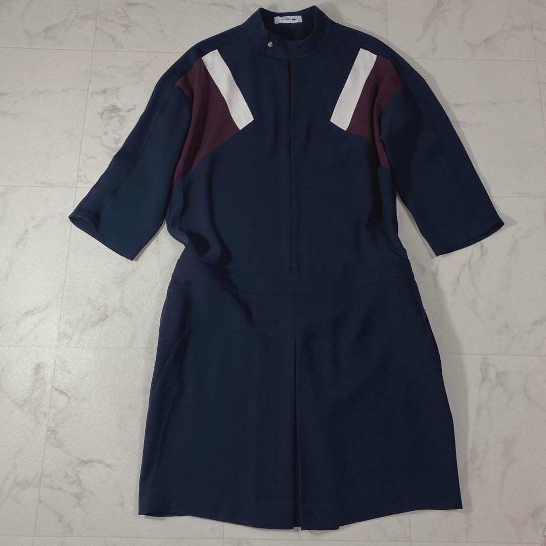 好評 LACOSTE カラーブロック ネイビー ワンピース クレープドレス(七