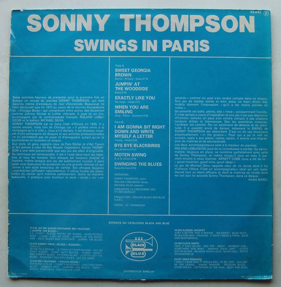 ◆ SONNY THOMPSON / Swings In Paris ◆ Black and Blue 33.051 (France) ◆_画像2