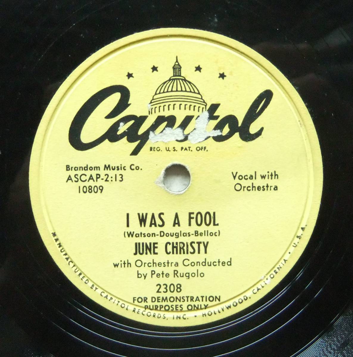 ◆ JUNE CHRISTY / My heart Belongs To Only You / I Was A Fool ◆ Capitol 2308 (78rpm SP:promo) ◆_画像3