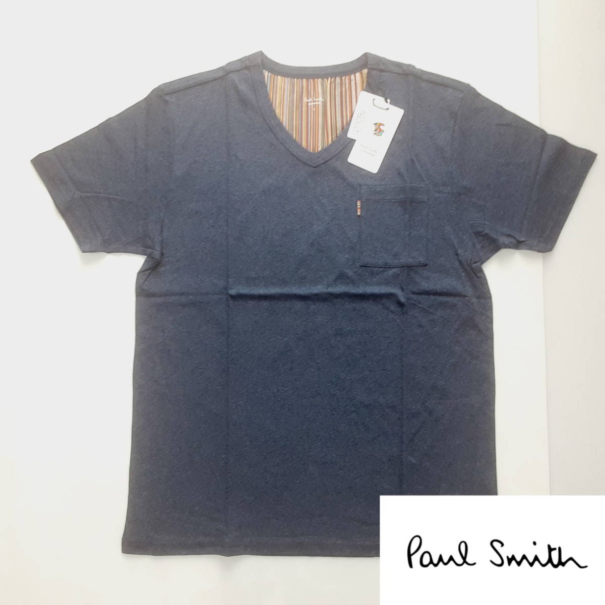 新品 ポールスミス 　Paul Smith　半袖Tシャツ L マルチストライプ Vネック ラウンジウェア ブルー_画像1