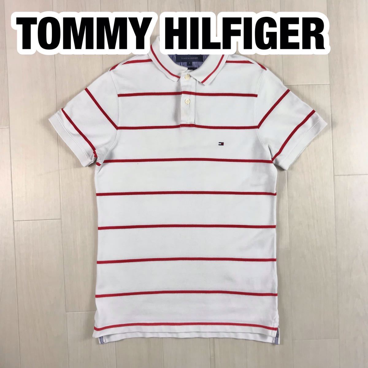 TOMMY HILFIGER トミーヒルフィガー 半袖 ポロシャツ S ホワイト レッド ボーダー_画像1