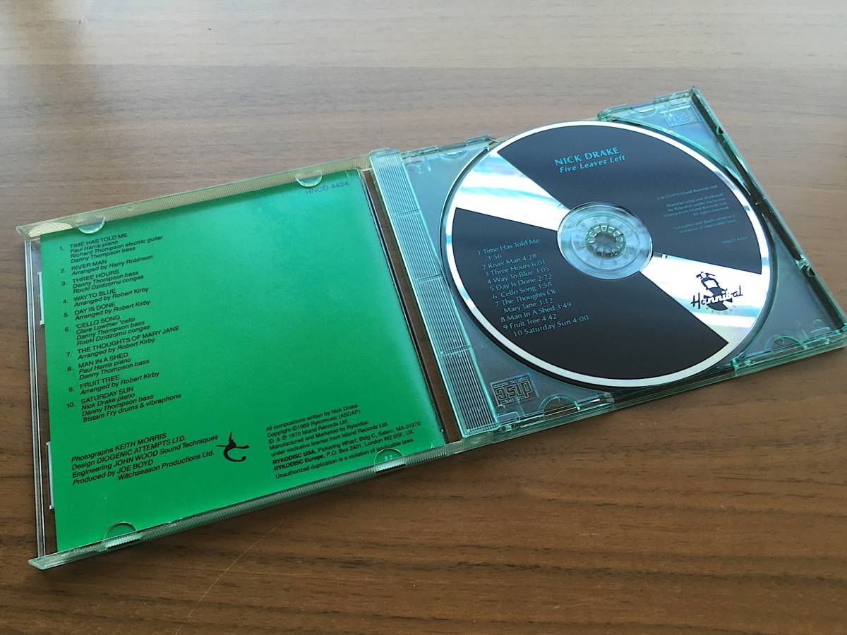 美盤 国内初版 Nick Drake FIVE LEAVES LEFT CD green jewel case 1st with Richard Thompson, Danny Thompson… and more / Folk Rock_画像2