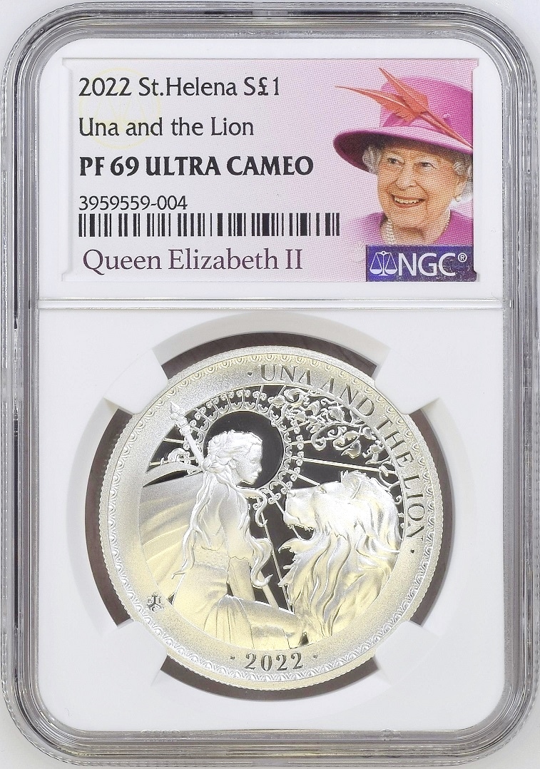 2022年 セントヘレナ ウナとライオン 1ポンド 1オンス 1oz プルーフ 銀貨 NGC PF69 ULTRA CAMEO 女王ラベル イギリス_画像1