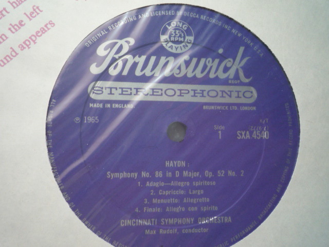 RD20 英Brunswick盤LP ハイドン/交響曲57、86番 マックス・ルドルフ/シンシナティSO STEREO_画像3