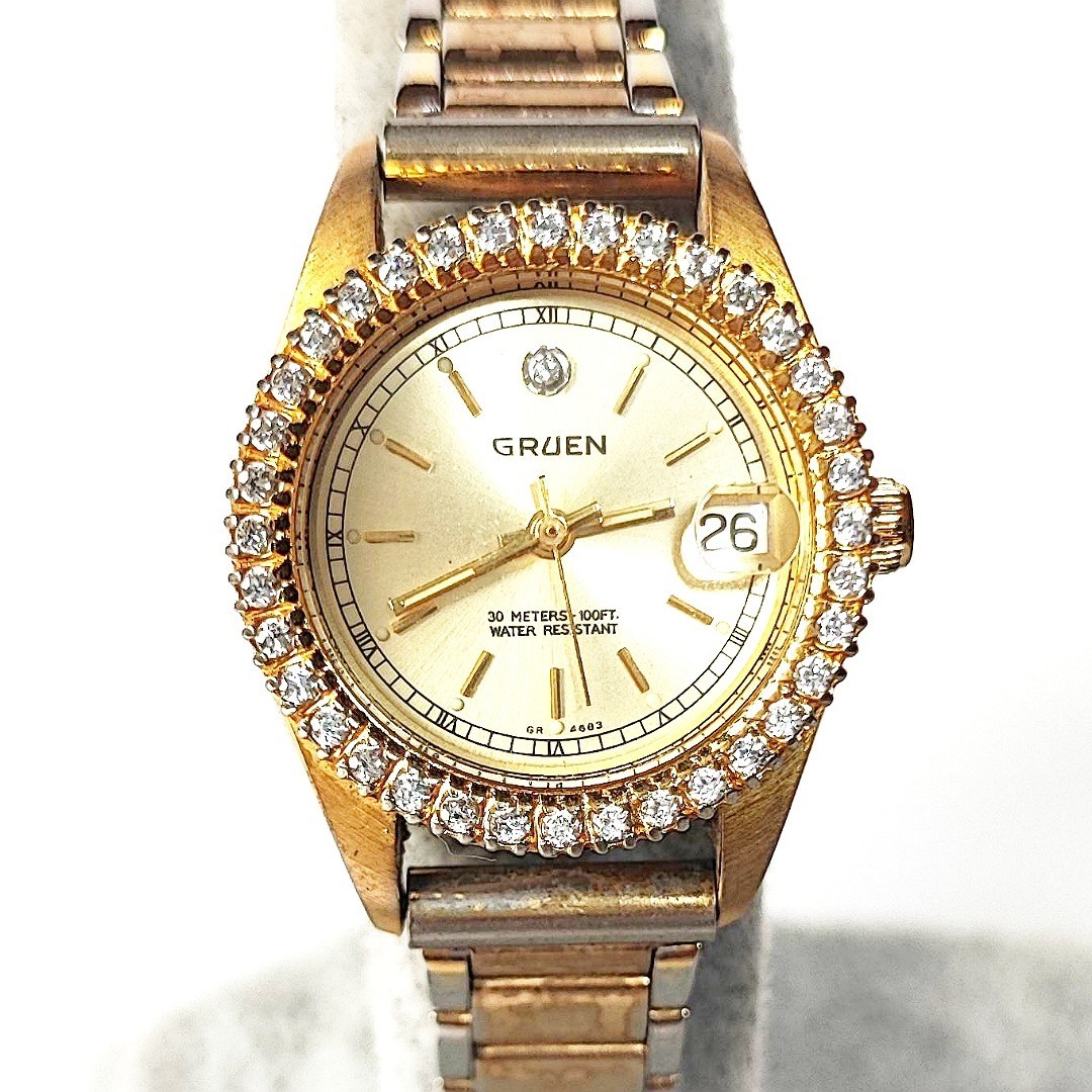 動作品 高級腕時計GRUEN グリュエン クォーツ3針 ゴールド SWISS MADE スイス製 宝石宝飾ストーン クォーツ レディース腕時計 稼働品 c374_画像1