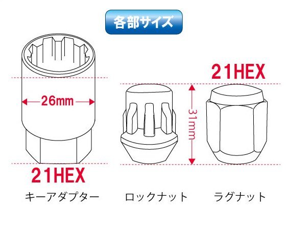 和広 4穴用 ロックナットセット 21HEX M12xP1.5 60テーパー座 【ブラック】トヨタ 社外アルミホイール用_画像2