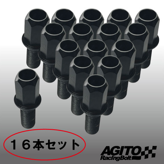 [16 pcs set ]AGITO racing bolt 17HEX M12xP1.25 neck under 28mm Kuromori (SCM435)/60° taper seat black FIAT500