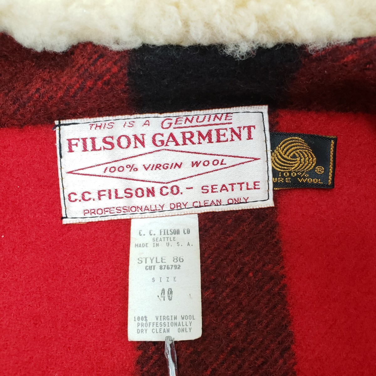 美品◆USA製 FILSON フィルソン パッカーコート ダブルマッキーノ ウールジャケット 襟ムートン(サイズ40)赤/黒 レッド/ブラック チェック_画像6