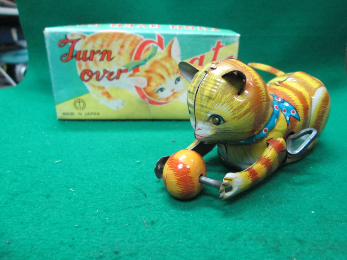 当時物 日本製 ブリキ ぜんまい TURN OVER CAT 検索用：松代玩具 昭和 レトロ 回転 猫 ねこ ネコ 茶トラ キャット アンティーク おもちゃ_画像1
