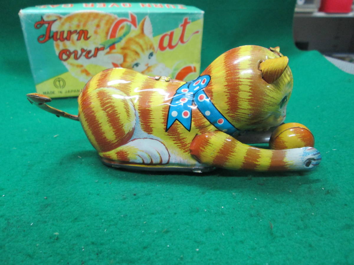 当時物 日本製 ブリキ ぜんまい TURN OVER CAT 検索用：松代玩具 昭和 レトロ 回転 猫 ねこ ネコ 茶トラ キャット アンティーク おもちゃ_画像2