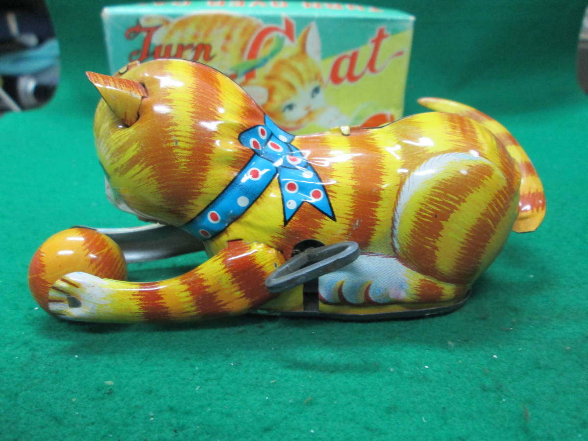 当時物 日本製 ブリキ ぜんまい TURN OVER CAT 検索用：松代玩具 昭和 レトロ 回転 猫 ねこ ネコ 茶トラ キャット アンティーク おもちゃ_画像3