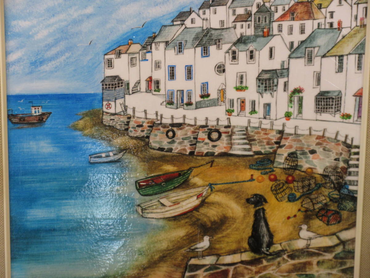 イギリス女性作家 絵 絵画★ゲルアートフレーム・ジョー ラム「ハーバー ハウンド」【風景・海・港・犬】<樹脂フレーム>★軽量