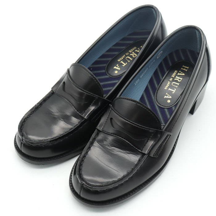 ハルタ ヒールアップローファー 良品 学生靴 通学 3E 幅広 日本製 シューズ 黒 ブランド レディース 23.5cmサイズ ブラック HARUTA_画像1