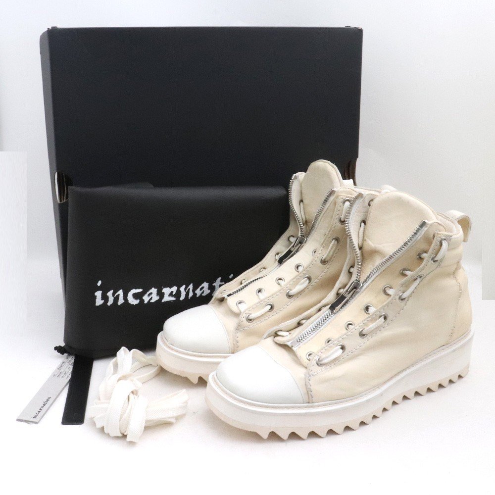 INCARNATION HORSE WHITE LEATHER SNEAKER ZIP FRONT FZ-n2 SHARK SOLES PIECE DYED 41 アイボリー 32611B-7987SAW