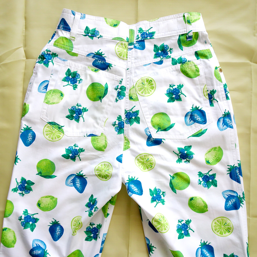 sending 198 jpy [ used ]*tino burr a-no/DINO VALIANO* Just waist strut cotton pants white / yellow green / blue tropical fruit design M corresponding 