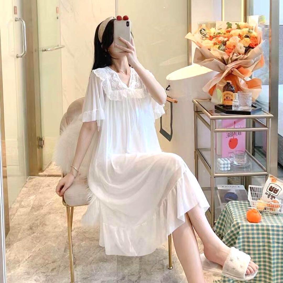 ルームウェア ワンピース レース プリンセス ネグリジェ ガーリー姫系 Lサイズ 白 かわいい 天使界隈 ゴスロリ