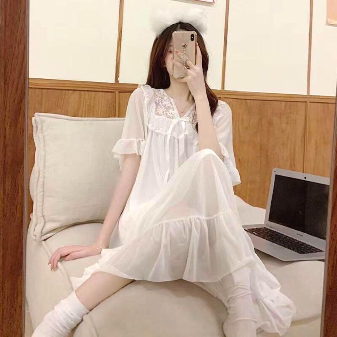 ルームウェア ワンピース レース プリンセス ネグリジェ ガーリー姫系 Lサイズ 白 かわいい 天使界隈 ゴスロリ