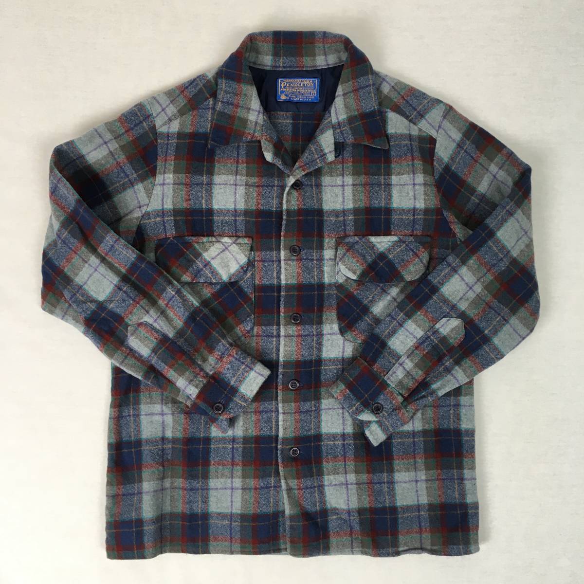 【70s】PENDLETON ペンドルトン 米国製 ボードシャツ ウールシャツ Lサイズ グレー/ブルー/レッド チェック柄 70年代 長袖_画像1