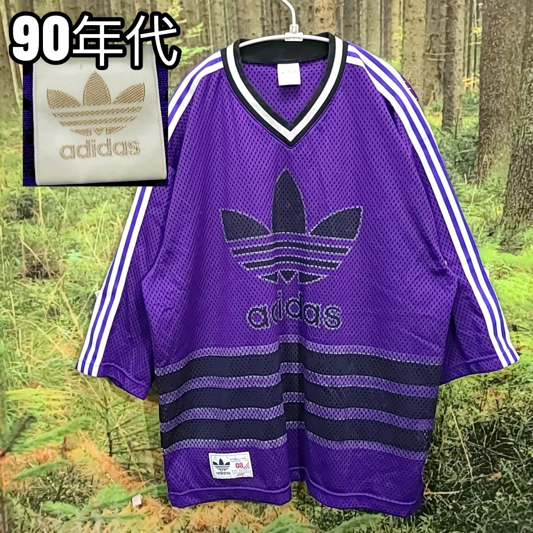 希少 90s 90年代 アディダス adidas 両面ロゴプリント ストリート系 バックプリント 重ね着 ゲームシャツ Tシャツ 銀タグ 当時物 VINTAGE