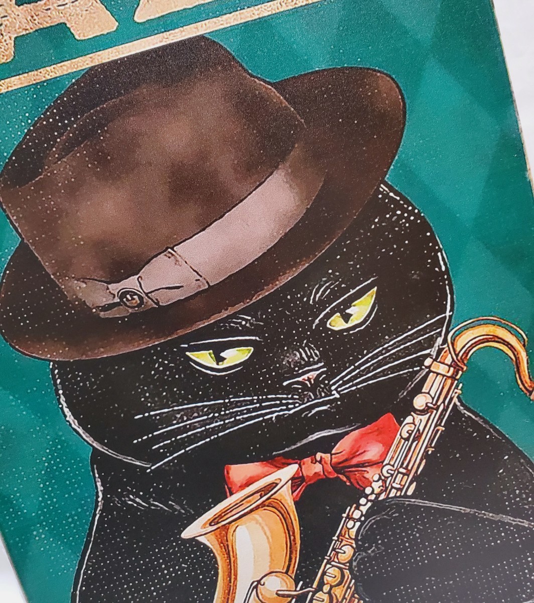 ブリキ看板 HANAKO レトロ 猫の看板 E14 黒猫 ウェルカムボード ジャズ サックス ジャズバーの画像4