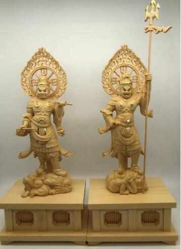 最新作 総檜材 四天王像一式 木彫仏像 仏教美術 精密細工 切金 仏師手