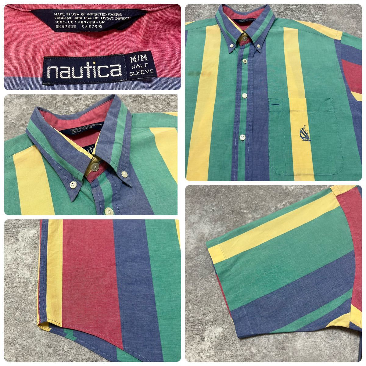 ノーティカ☆USA製刺繍ロゴ半袖パステルボールドストライプシャツ 90s 半袖シャツ