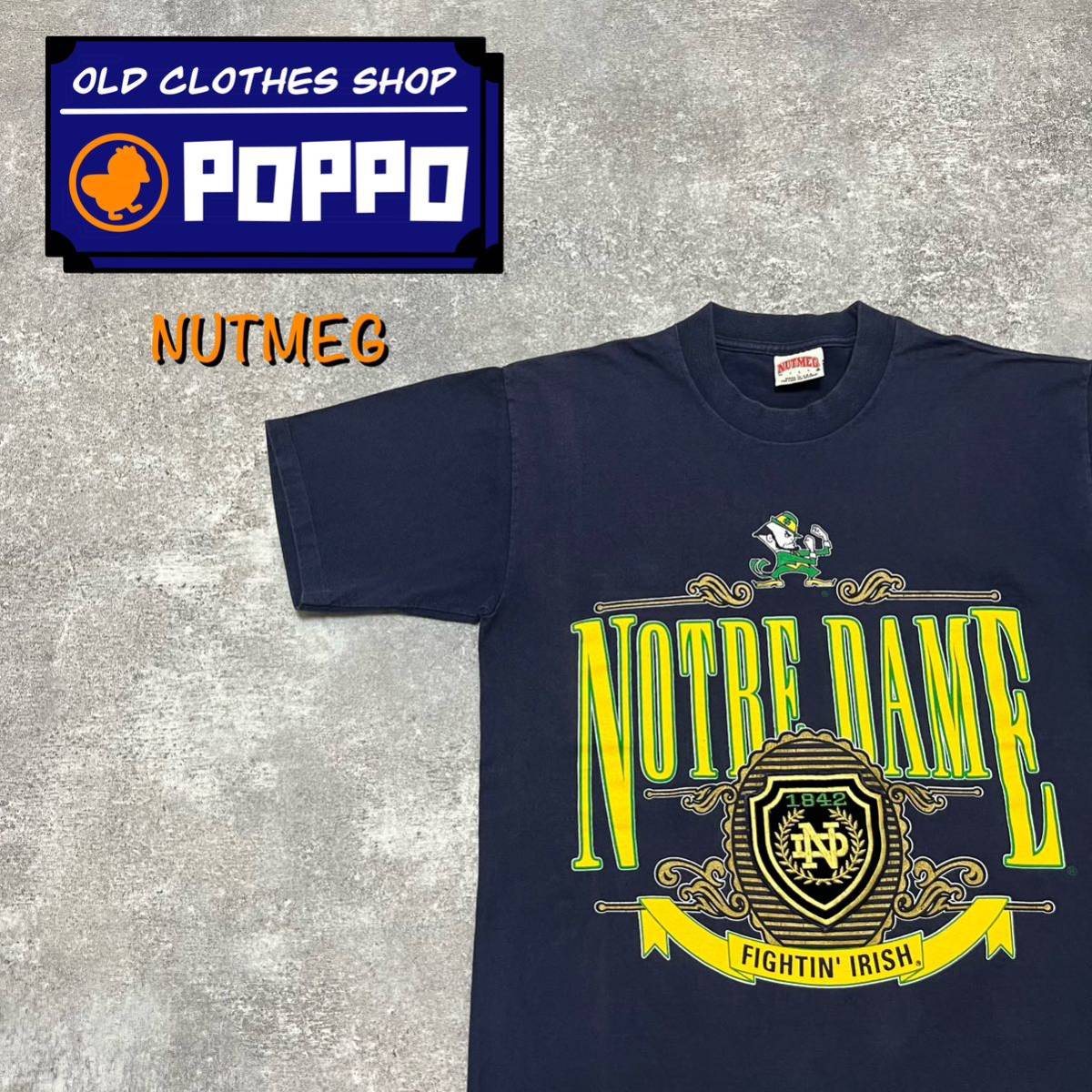 NUTMEG USA製ノートルダム大学フロッキー刺繍ロゴビッグロゴTシャツ90s
