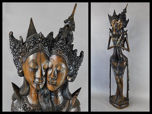 インドネシア バリ 細密木彫 縞黒檀 二人の女性像(美人)女神像 置物 オブジェ 全高120.0cm 大型作品 アジアンアート アンティーク OK2550