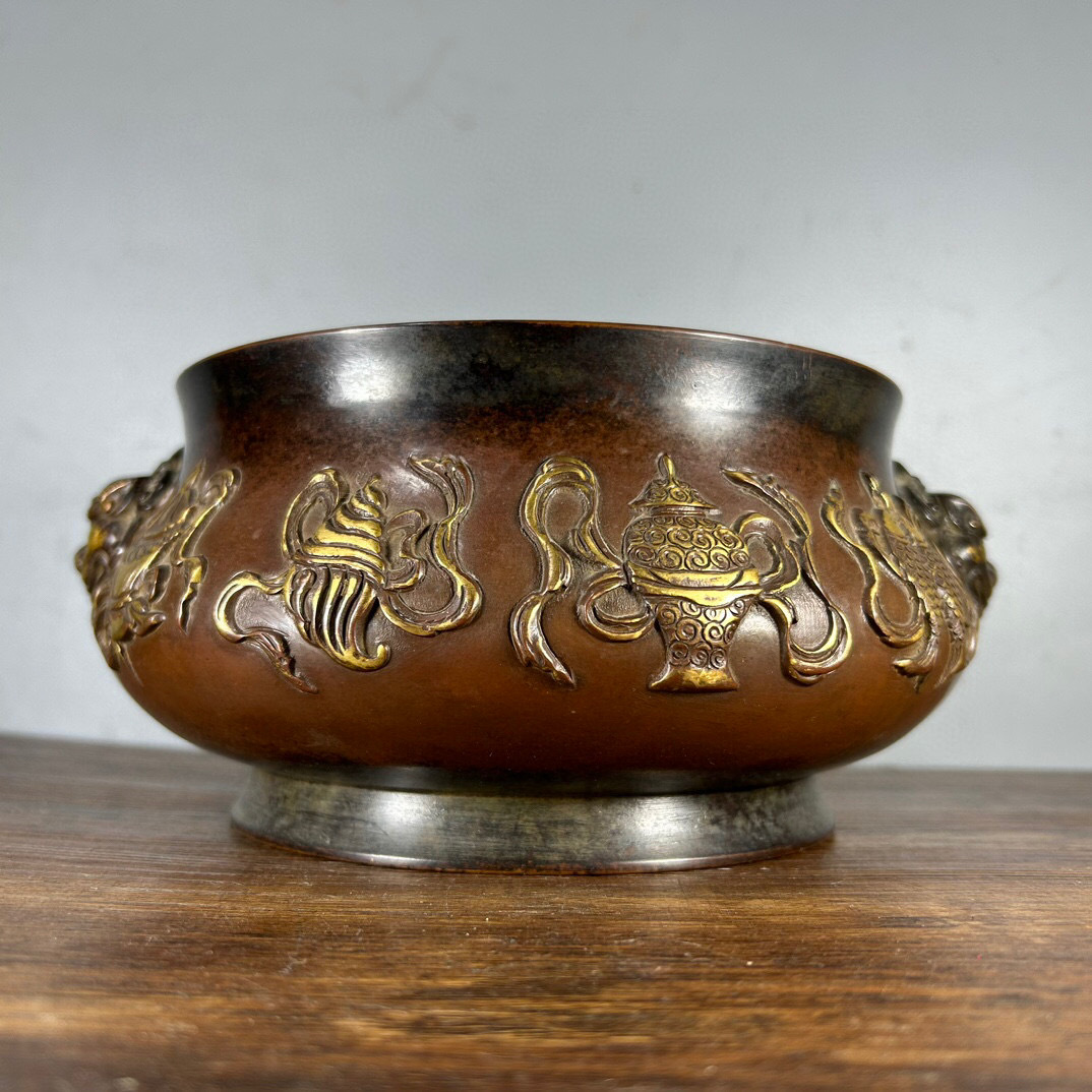 代引き人気 八寶紋 塗金 紫銅製 『館蔵珍品 雙獅耳熏香炉 中国古美術