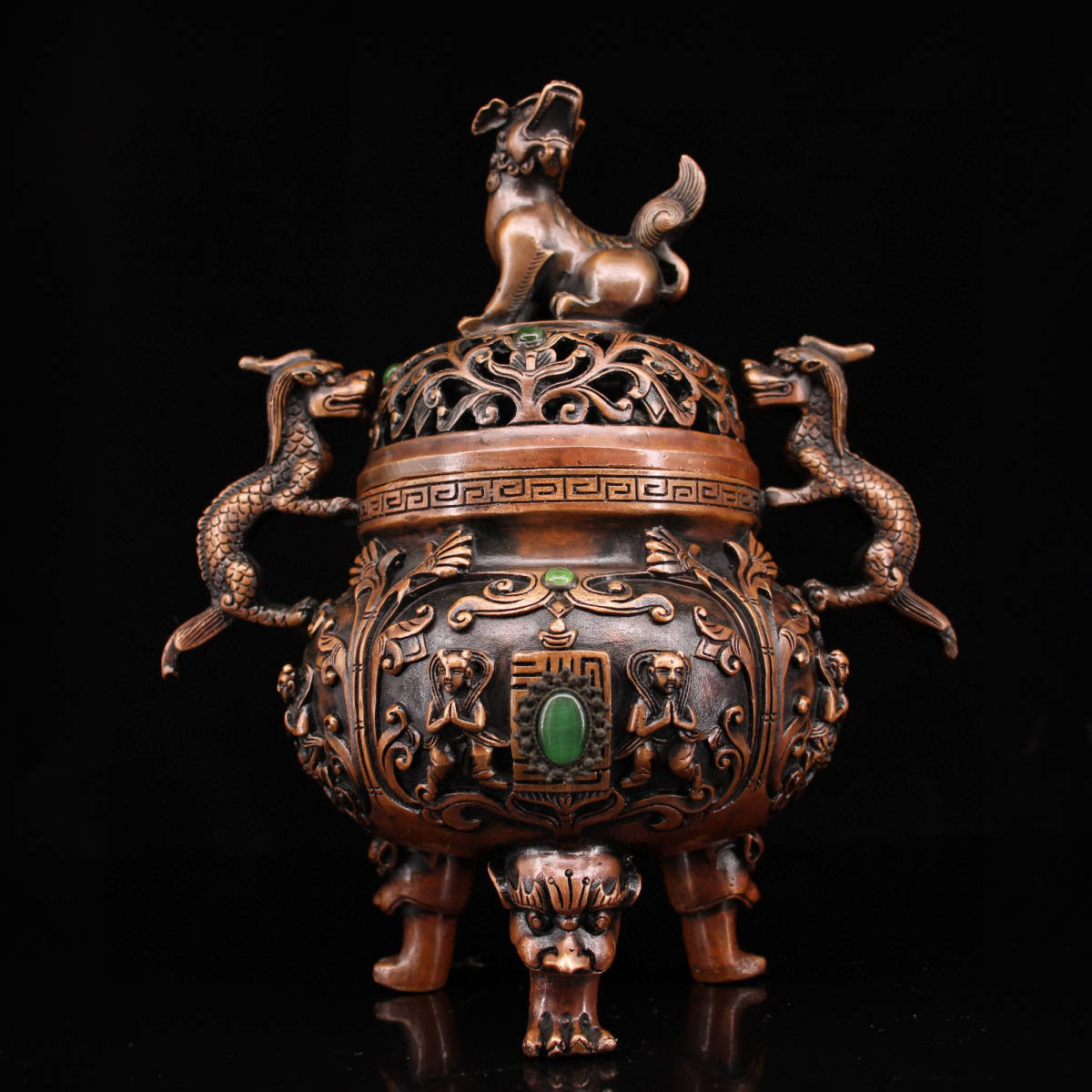 充実の品 雙龍耳 三獣足 寶石嵌 銅製 『館蔵珍品 熏香炉』置物 中国古