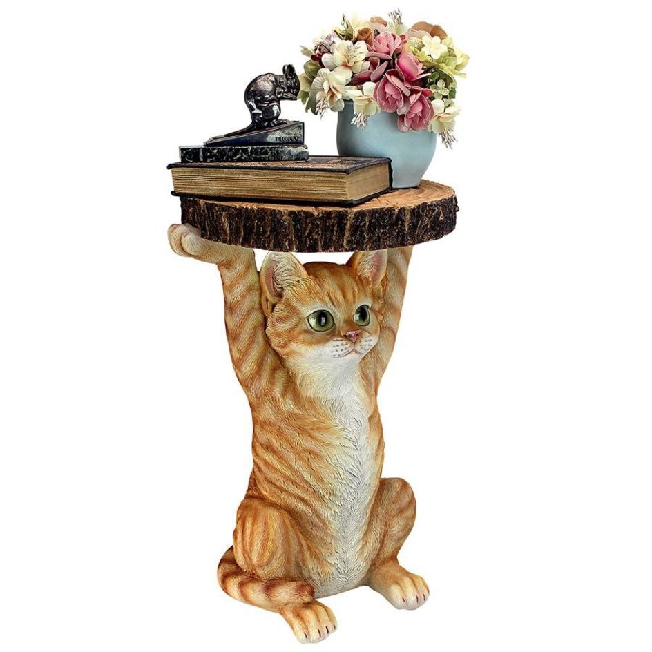 テーブルを持ってサービスをするトラ猫彫刻台座ドテーブル彫像、動物アート工芸 ネコカフェ 動物園 パブ 贈り物 輸入品